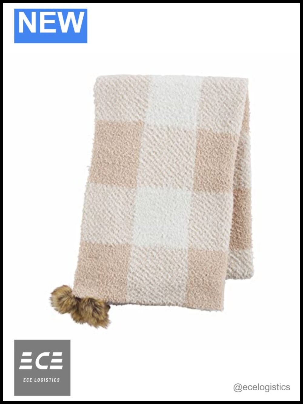 Buffalo Check Chenille Scarf with Faux Fur Pom Corners